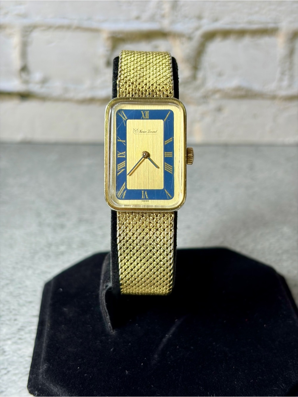 Lucien Piccard Swiss Gold Tone Rectangular Mechanical Watch Blue Dial Vintage